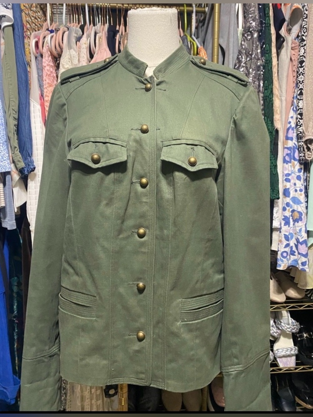 Du Jour Army Green Military Utility Jacket Gold Buttons Size Large